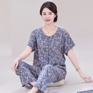 Lightweight Short Sleeve Cotton Silk Sleepwear Set for Women Home Clothes Comfortable Breathable Summer Pyjamas round Neck