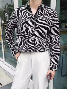 Fall and Winter Fancy Zebra Pattern Shirt Mens Trendy Loose K-style Ins Long Sleeves Versatile Inner Match Fashion Shirt Handsome