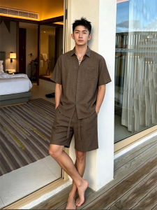 OUMULONG | Classic Linen Ice Silky Breathable Mens Summer Set