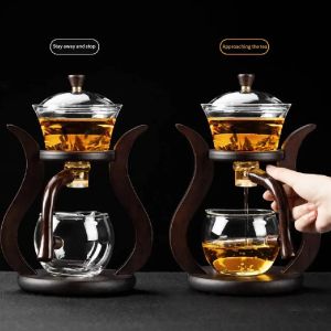 Lazy Kungfu Drip TeaPot Heat Resistant Tea Set Semi-Automatic Glass Teapot Suit for Magnetic Water Flow Wooden Glass Teapot