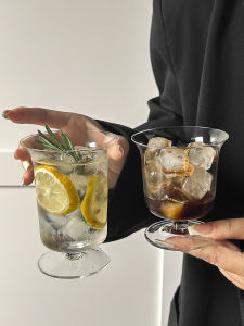 Trendy Ins Style High Foot Glass Coffee Cup American Style for Cold Drinks Juice Cocktail Water Transparent Nordic Shape