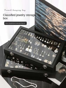 Stylish Black Jewelry Storage Box for Earrings Necklaces Rings Bracelets and Other Accessories with Transparent Glass Cover