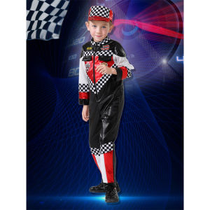 Race Car Driver Costume Boys Racer Jumpsuit With Car Cap Sunglasses Flags Kids Dress Up for Halloween