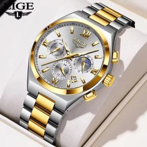 LIGE Men Watches Sports Waterproof Luminous Chronograph Date Men Wristwatch Stainless Steel Quartz Watches For Men + Box