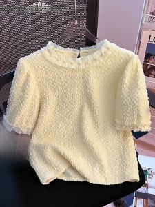 WANGGONGZHU | French Lace Trim Short Sleeve T-Shirt Women Summer New Design Sensation Niche Delicate Short Sleeve Top Princess Style Daily Straight Cut