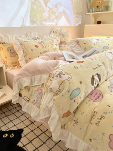 Winter Warm Coral Fleece Bedding Set Four Piece Korean Style Lace Ins Style Fitted Sheet Duvet Cover And Two Pillowcases