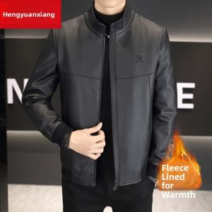 HENGYUANXIANG | Warm Fleece Lined PU Leather Jacket Mens Fashionable Motorcycle Style Autumn Winter Outerwear Youth Casual Zipper Decorated