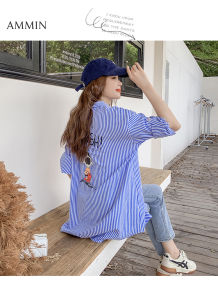 Ammin mùa thu 2023 mới ve áo thời trang sọc dài tay đi lại áo voan phụ nữ phong cách Hàn Quốc thư và động vật hoạt hình in khảm Áo Blouse thanh lịch Chiều dài trung bình