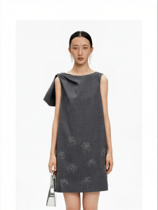 Merino Wool Blend Sleeveless Swing Hem Vest Dress with Firework Embroidery