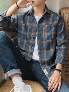 ROMON | Lormen Mens Long Sleeve Shirt Casual Spring Summer Plaid Loose Workwear Style Autumn Outerwear Standard Fit Button Detail Polyester Fiber