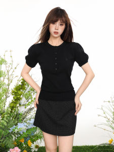 QIAOJIAOYA | Áo Knit Tay Bồng Đen Ôm Dáng Nẹp Eo