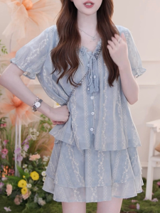 Shalldoer | Academia Style Bubble Sleeve V-Neck Tie Short Sleeve Shirt A-Line Mini Skirt Two-Piece Set Women Summer Fashion Casual Outfit