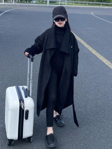 British Style Black Coat for Girls Autumn Winter New Arrival Korean Version Medium Length Woolen Coat No Brand Cotton Lining
