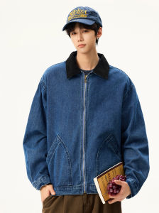 แจ็คเก็ตยีนส์ทรงหลวมสไตล์อเมริกัน ปกคอกลม สไตล์วินเทจ แจ็คเก็ตยีนส์ผู้ชาย แจ็คเก็ตยีนส์ทรงปกติ ฤดูใบไม้ร่วง