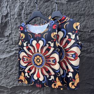 Retro Ethnic Style round Neck Sleeveless Printed Vest Womens Summer New plus Size Fat Sister Strap Top Loose Fit Polyester Cotton Blend Outerwear