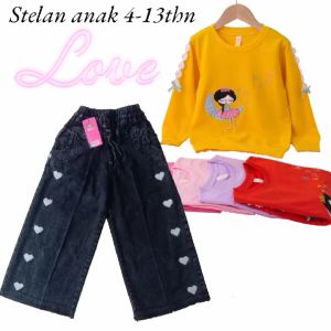 Setelan Kulot Jeans Bordir Love Hitam untuk Anak Usia 4-12 Tahun