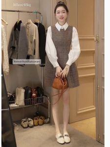 Oajer เสื้อผ้าผู้หญิงฤดูใบไม้ร่วง เสื้อชั้นในแขนกุดลายสก็อตเข้ารูป กระโปรงทรงเอ กระโปรงสั้น ทรงเข้ารูป กระโปรงทรงเอ