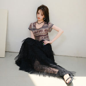 Ethnic Print Cinched Waist Flare Short Sleeve T-Shirt
