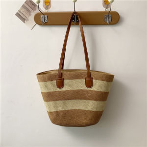 Womens Large Capacity Straw Woven Bucket Bag Beach Tote Bag Casual Shoulder Bag Soft Structure Fashionable Neutral Style