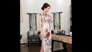 Polyester Satin White Lover Maxi Cheongsam 1059-01 綢緞白色戀人長旗袍