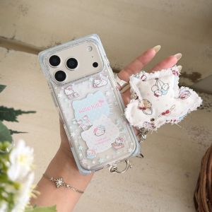 Sanrio | Square Blue Border Star Hello Kitty Phone Case for iPhone 17 Pro 15 16 Pro Max Protection Cover Cute Cartoon Funda With Pendant