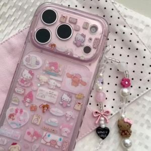Sanrio | Cute Translucent Pink Hello Kitty Stickers Shockproof Phone Case For iPhone 17 16 15 14 Pro Max Girl Anti Drop Hand Chain Cover