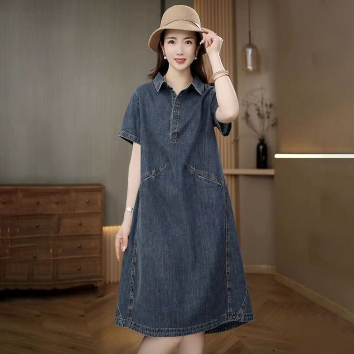 Loose-Fit Classy Gray Blue Soft Denim Dress Female Summer New Plus Size  Casual Younger Slim-Fit Short-Sleeved Shirt Dress | Lazada PH