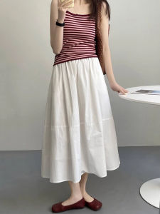 French Style Temperament White a Words Stitching Skirt Womens Summer 150 Small Cover Slim Looking Mid Length Long Length High Waist Umbrella Skirt