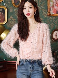 เสื้อเชิ้ตผ้าชีฟองหรูหราสำหรับผู้หญิง ทรงเข้ารูป แขนยาว คอวี สีพื้น แฟชั่นฤดูใบไม้ผลิ 2024 สำหรับผู้หญิงวัย 25-29 ปี