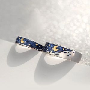 【♡Lovely girls house♡】Romantic Van Gogh Blue Starry Sky Couple Rings for Men Women Fashion Simple Adjustable Opening Finger Ring Jewelry Gift
