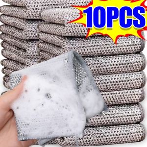 10PCS Thickened Steel Wire Cleaning Cloth Double-layer Non-stick Oil Iron Dishrag Microfiber Mesh Dishrag Kitchen Scouring Pad