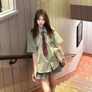 Áo Sơ Mi Nữ Tay Ngắn Sọc Xanh Cổ Polo Thường Ngày Mùa Hè Dáng Rộng Đa Năng Phong Cách Đại Học Áo Len Cardigan JK