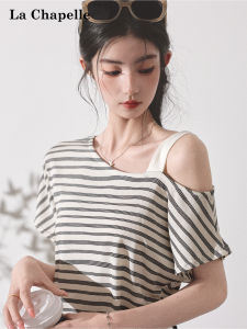 La Chapelle | Striped Contrast Color Asymmetric Neck Off-shoulder T-shirt Batwing Sleeves Ruffle Slim Fitting Summer Womens Top
