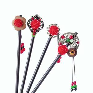 Elegant Red Flower Hairpins Ancient Chinese Style Wooden Hait Sticks Retro Tassel Hair Chopsticks For Women Girls DIY Hairstyle