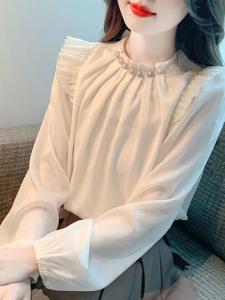 เสื้อเชิ้ตผู้หญิงแขนยาวสไตล์ฝรั่งเศส ดีไซน์ขอบลูกไม้ ทรงหลวม คอตั้ง แขนยาว 7 ส่วน เสื้อเชิ้ตผู้หญิงสั้น