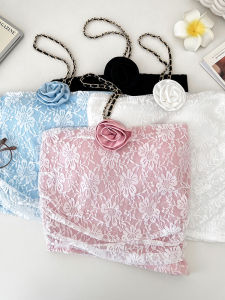 Spicy Girl Pure Desire Chain Necklace 3D Flower Pleated Irregular Lace Strapless Vest Top Women Summer Fashion Commute