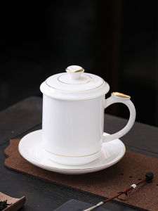 ชามชาขนาดใหญ่ ชามกาแฟ ชามประชุม ชามดินเผาสีขาว ชามดินเผาแบบมีฝาปิดสำหรับใช้ในสำนักงานและบ้าน ชามดินเผาแบบมีฝาปิด