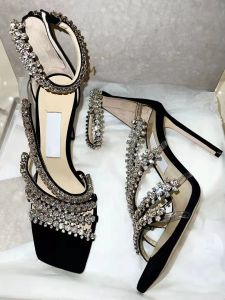 รองเท้าแตะส้นสูงสายเดี่ยวประดับคริสตัลสีดำ รองเท้าแตะส้นสูงแบบเปิดหน้าเท้าสำหรับผู้หญิง รองเท้าแฟชั่นฤดูร้อน รองเท้าแตะส้นเดี่ยว