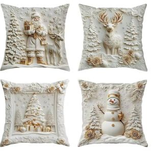 Elegant Christmas Decorative Pillow Covers 4-piece White Christmas Pillowcase Set With Santa Claus Snowman Tree Reindeer Pattern