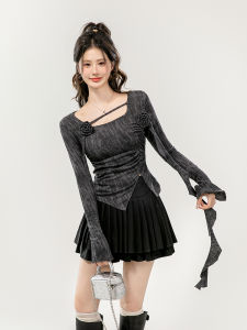 Sweet And Spicy Style Floral Long Sleeve T-Shirt Womens Asymmetrical Splicing Design Trendy Top for Autumn Commute