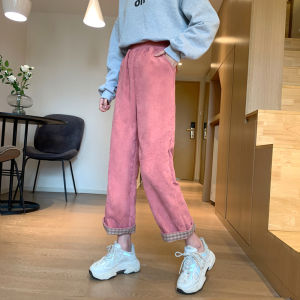 Wanita Celana Panjang Korduroi Pinggang Tinggi Lurus Polos Longgar Pinggang Elastis