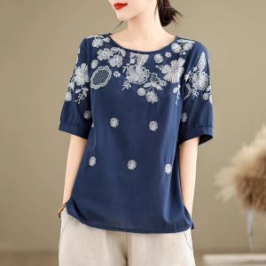 WANGGONGZHU | Retro Embroidered Short Sleeve T-Shirt Womens Summer New Style Thin Cotton Linen Artistic Top Princess Style Korean Commute