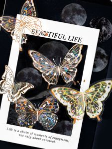 InfeelMe ชุดสติกเกอร์ลายดอกไม้ผีเสื้อแฟนตาซีในฝัน ฟอยล์ทอง เปลือกหอย PET วัสดุตกแต่งทำมือสไตล์เรโทรแฟนตาซี