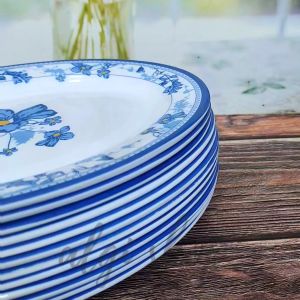 12PCS PIRING SAJI OVAL MELAMIN KEMBANG BIRU TIONGKOK ANTI KELOPEK TAHAN PANAS DIA 17CM