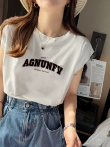 เสื้อกั๊กแขนกุดสีขาวพิมพ์ลายตัวอักษรสำหรับผู้หญิง ทรงหลวม คอกลม ทรงพอดีตัว ผ้าฝ้ายผสมโพลีเอสเตอร์ ฤดูร้อน 2024