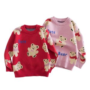 27home Pure Cotton Knitted Sweater for Girls Bear Pattern Red Color Suitable for Autumn Winter New Year Spring Festival
