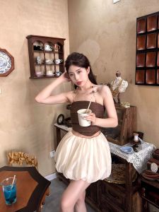 Váy Ngắn Chữ a Cạp Cao Họa Tiết Hoa Màu Đào Cho Nữ Mùa Hè Phong Cách Pháp Cổ Điển Ngọt Ngào Váy Ngắn Ballet Chống Ánh Sáng