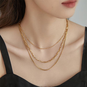 BESFOME Stainless Steel Non Tarnish Necklace Simple Triple Layers Thin Gold Choker Chain Necklace Pendant For Women