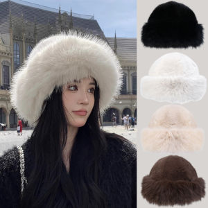 Fluffy Faux Fur Bucket Hats Women Warm Soft Thick Plush Autumn Winter Hat Lady Fashion Luxury Furry Fisherman Cap Y2k