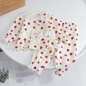 Girls Spring Autumn Cotton Pajamas Set Lace Design Comfortable Home Clothes Breathable Pure Cotton Princess Style Home Suit